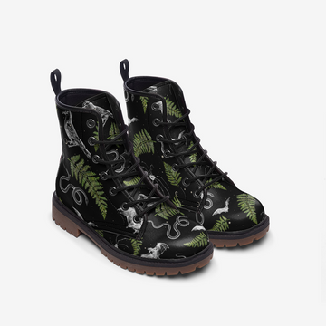 Witch's Familiars In The Celestial Forest On Black Vegan Leather Combat Boots