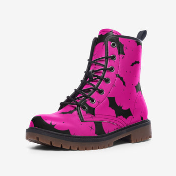 Black Bats Print Hot Pink Vegan Leather Combat Boots