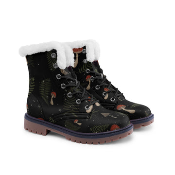 Enchanted Woods Print On Black Lace Up Vegan Leather Winter Chukka Boots