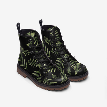 Fern Pattern Black Vegan Leather Combat Boots