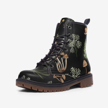 Deep In The Forest Print On Black Vegan Leather Combat Boots