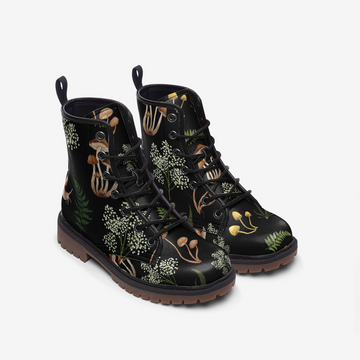 Deep In The Forest Print On Black Vegan Leather Combat Boots