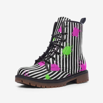 Grunge Black And White Stripes With Green and Purple Spot Splashes on Vegan Leather Combat Boots