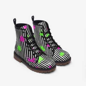 Grunge Black And White Stripes With Green and Purple Spot Splashes on Vegan Leather Combat Boots