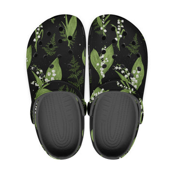 Whimsical Lily Of Th Valley on Black-base Clogs