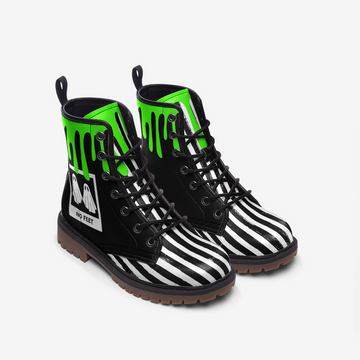 CUSTOM ORDER - Ghosts Lovers Grunge Black and White Stripes With Green Slime Vegan Leather Combat Boots