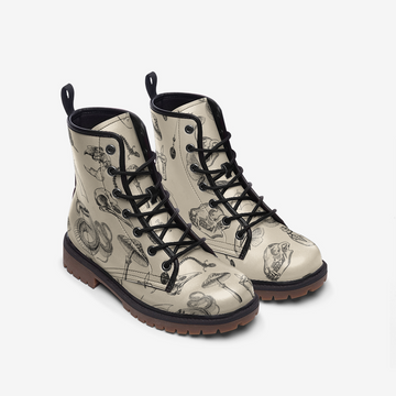 Witchy Stuff Print On Beige Vegan Leather Combat Boots