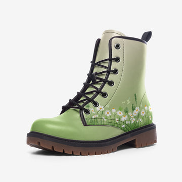 Daisy Field Print On Light Green Gradient Vegan Leather Combat Boots