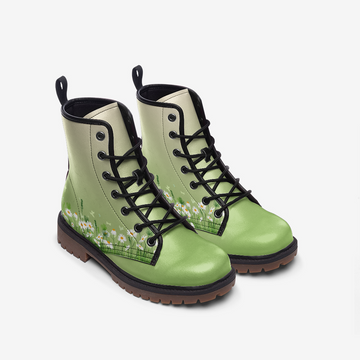 Daisy Field Print On Light Green Gradient Vegan Leather Combat Boots