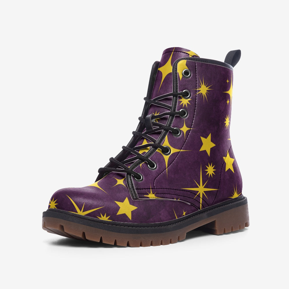 Celestial Violet And Yellow Print On Vegan Leather Combat Boots