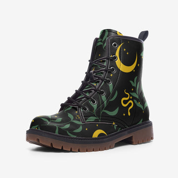 Celestial Forest In The Dark Print On Black Vegan Leather Combat Boots