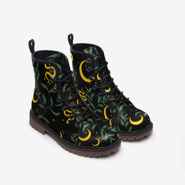 Celestial Forest In The Dark Print On Black Vegan Leather Combat Boots