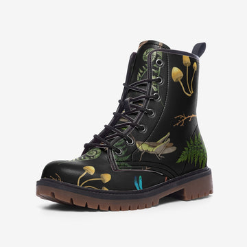 Friends From The Woods Print On Black Vegan Leather Combat Boots