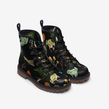 Friends From The Woods Print On Black Vegan Leather Combat Boots