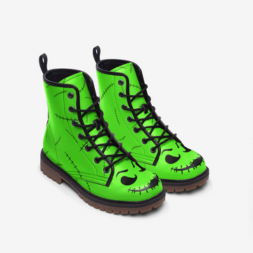 Green Scary Monster with Stitches on Vegan Leather Combat Boots