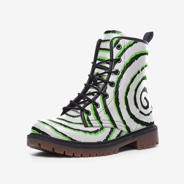 Green and Black Grunge Spirale on White Vegan Leather Combat Boots