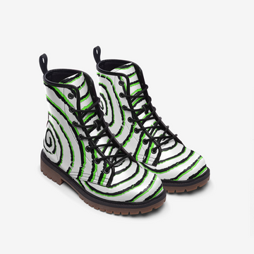 Green and Black Grunge Spirale on White Vegan Leather Combat Boots