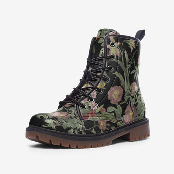 Vintage Garden Flowers Print On Black Vegan Leather Combat Boots