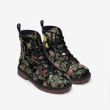 Vintage Garden Flowers Print On Black Vegan Leather Combat Boots