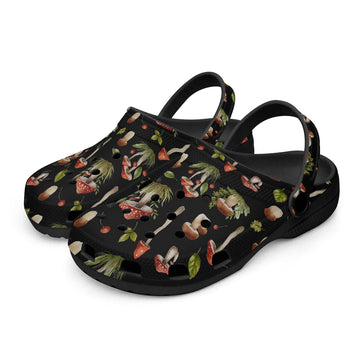 Woodland Shrooms on Black-base Clogs