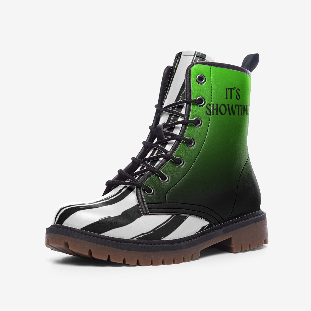It's Showtime Green Gradient and Grunge Black and White Stripes Vegan Leather Combat Boots