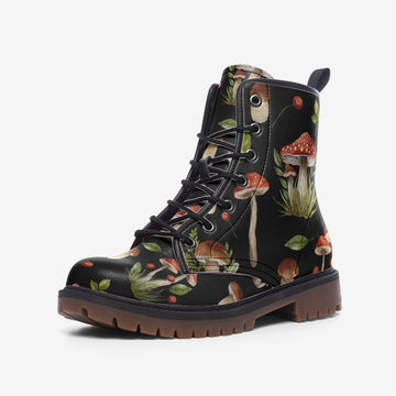 Woodland Shrooms on Black Vegan Leather Combat Boots