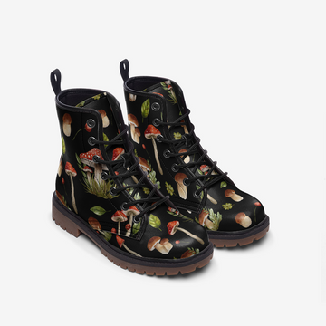 Woodland Shrooms on Black Vegan Leather Combat Boots