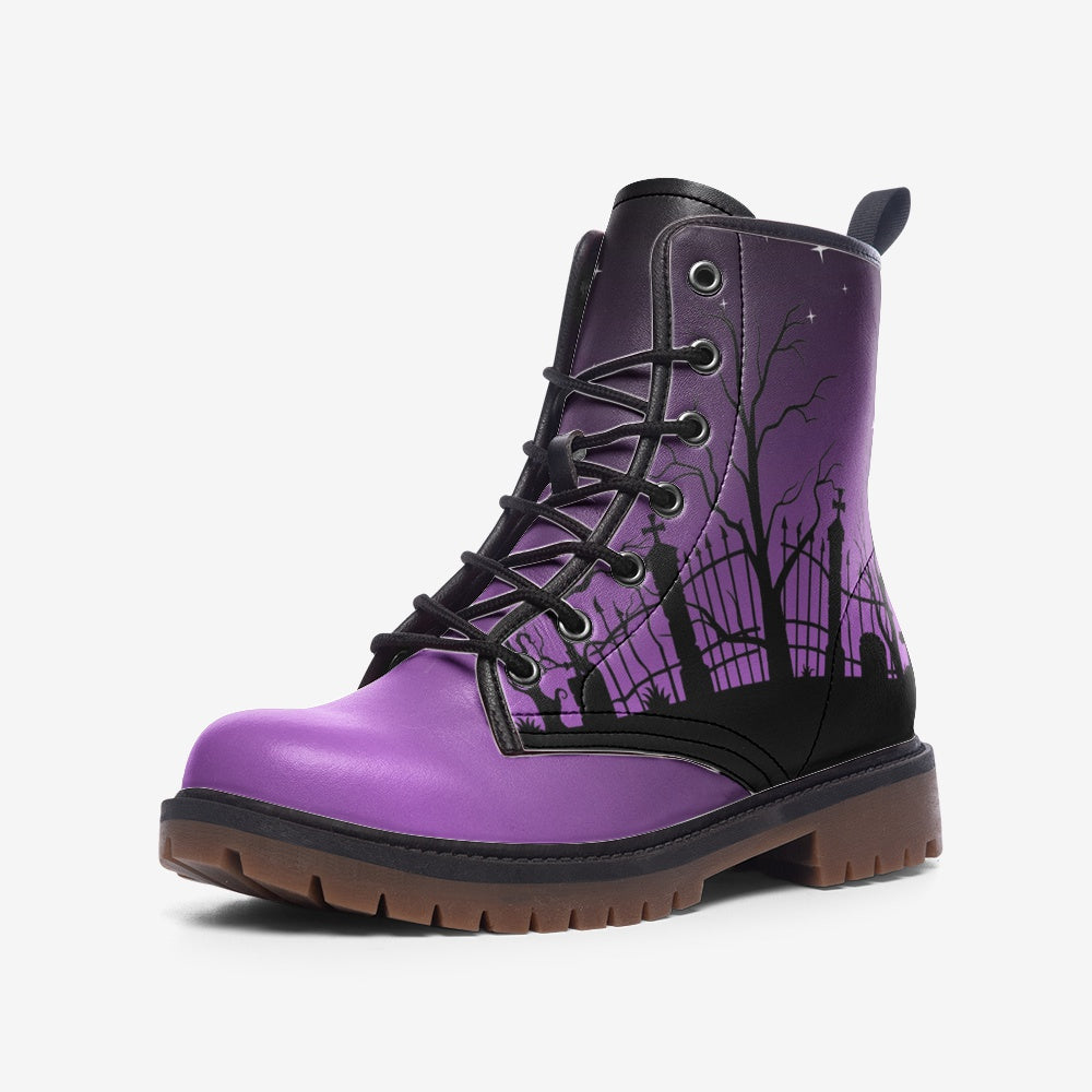 Halloween Starry Night In A Spooky Graveyard on Purple Vegan Leather Combat Boots