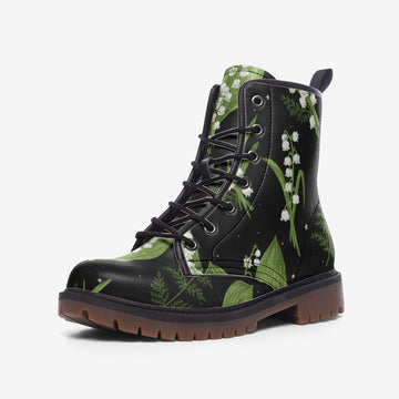 Celestial Lily of The Valley Aesthetic on Black Vegan Leather Combat Boots