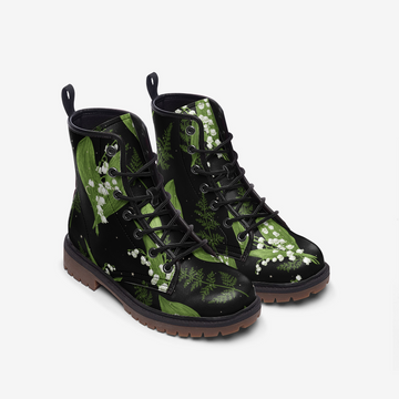 Celestial Lily of The Valley Aesthetic on Black Vegan Leather Combat Boots