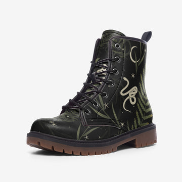 Nocturnal Snakes in Enchanted Forest in Black Vegan Leather Combat Boots