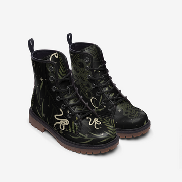 Nocturnal Snakes in Enchanted Forest in Black Vegan Leather Combat Boots