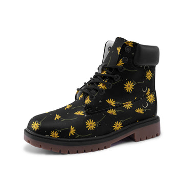 Celestial Sunflowers on Black Vegan Leather Low Combat Boots