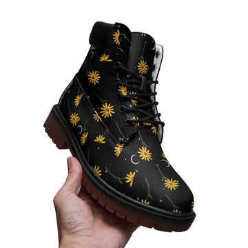 Celestial Sunflowers on Black Vegan Leather Low Combat Boots