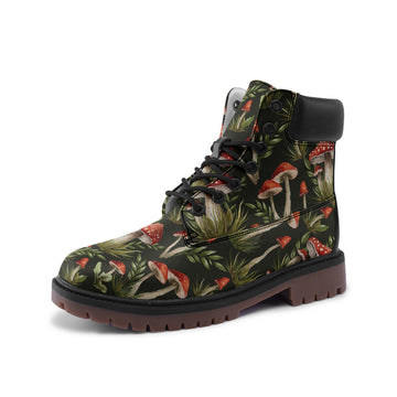 Amanitas From the Forest on Dark Moss Green Vegan Leather Low Combat Boots