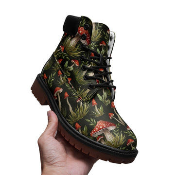 Amanitas From the Forest on Dark Moss Green Vegan Leather Low Combat Boots