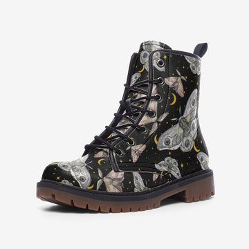 Crescent Moons And Moths In The Skies Print On Black Vegan Leather Combat Boots