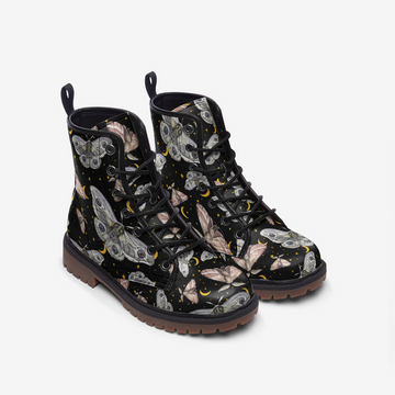 Crescent Moons And Moths In The Skies Print On Black Vegan Leather Combat Boots