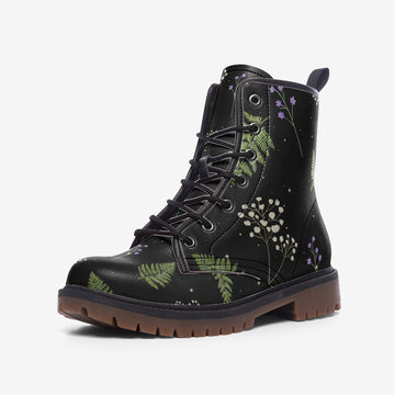 Whimsical Floral and Fern Print On Black Vegan Leather Combat Boots