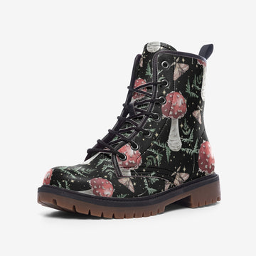 Magick Mushies From The Forest Print On Black Vegan Leather Combat Boots