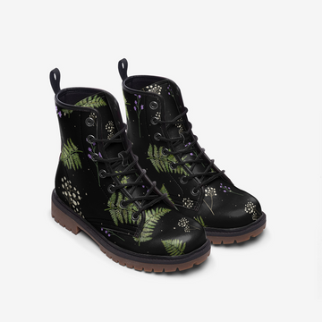 Whimsical Floral and Fern Print On Black Vegan Leather Combat Boots