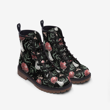 Magick Mushies From The Forest Print On Black Vegan Leather Combat Boots