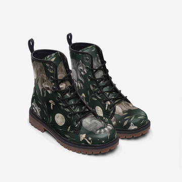Raccoons Of The Night Dark Green Forest Vegan Leather Combat Boots