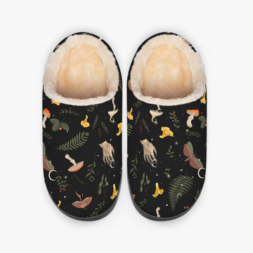 Mushrooms In Enchanted Forest Print on Black Fluffy Bedroom Slippers