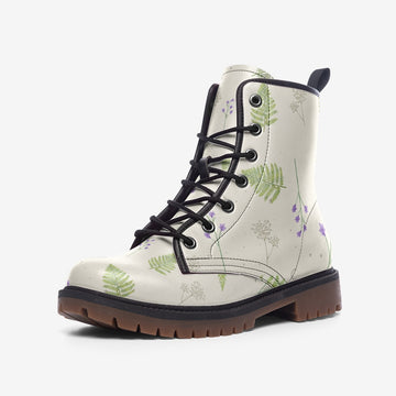 CUSTOM ORDER || Whimsical Floral and Fern on Light Beige Vegan Leather Combat Boots