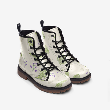 CUSTOM ORDER || Whimsical Floral and Fern on Light Beige Vegan Leather Combat Boots