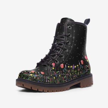 Wildflowers Under The Skies Print On Black Vegan Leather Combat Boots