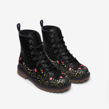 Wildflowers Under The Skies Print On Black Vegan Leather Combat Boots