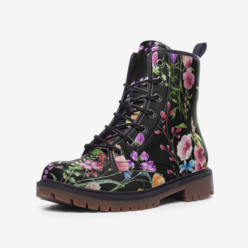 Spring Flowers on Black Vegan Leather Combat Boots