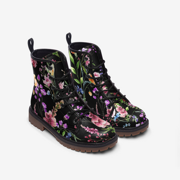 Spring Flowers on Black Vegan Leather Combat Boots